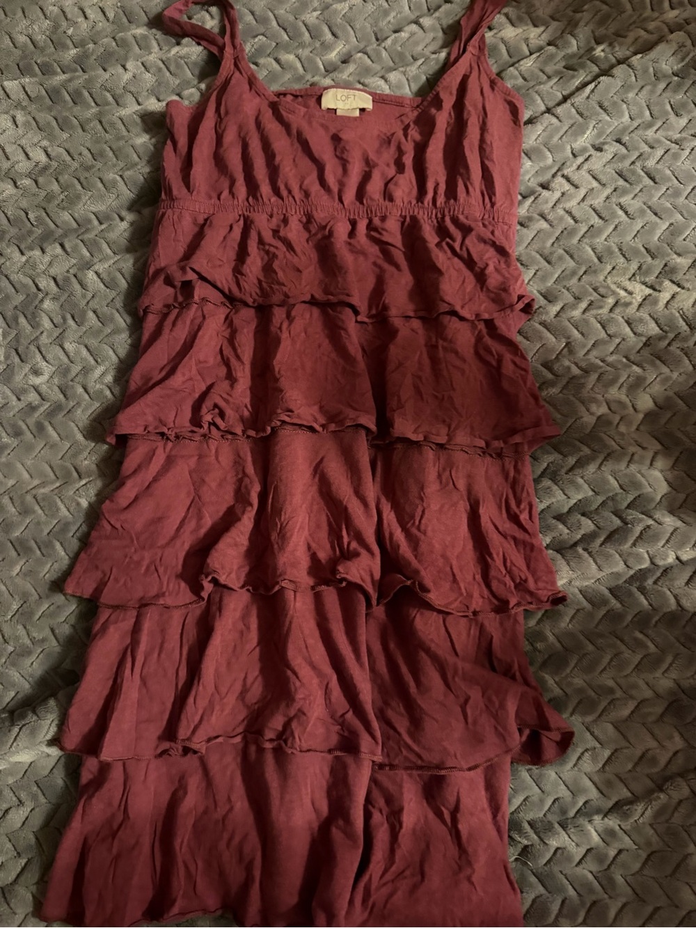 LOFT Tiered Ruffle Midi dress in Burgundy